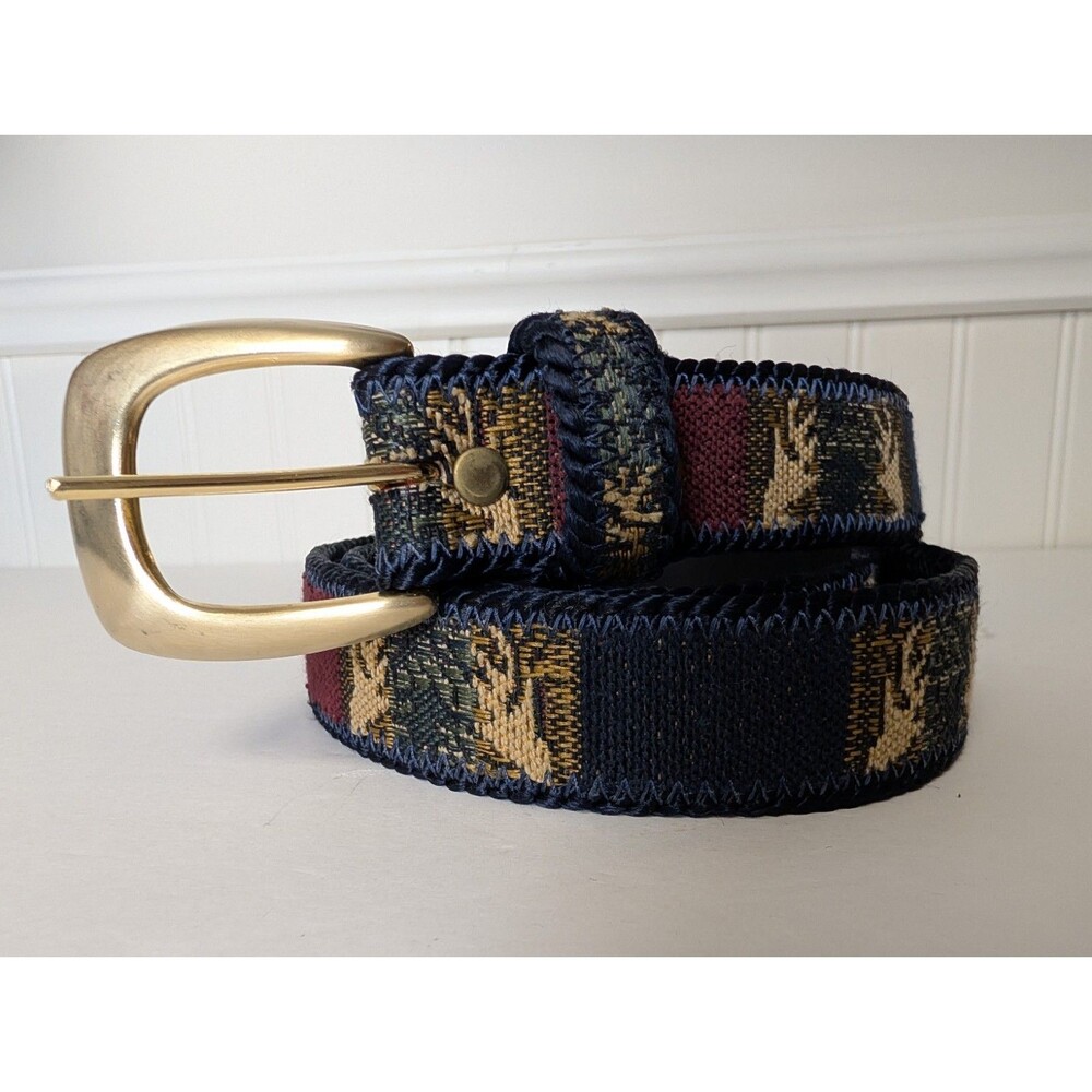 Retro 90s Casual Corner Woven Belt – Large Ranch Hunting Deer Earth Tone Pattern